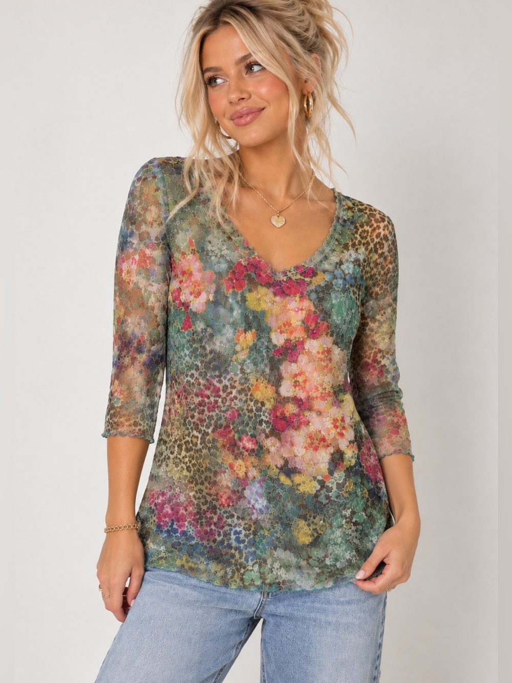 Casual Corner Vintage Y2K Floral Blouse 3/4 Sleeve Womens Large Pastel Sheer